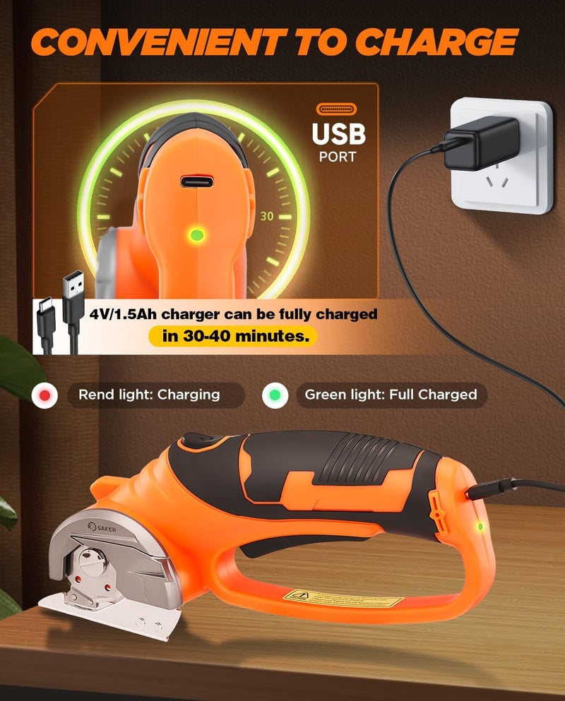 Saker Box Cutter Electric Cordless: Card board Cutter Scissors for Fabric Leather Paper Plastic - Cardboard Cutting Tool with 4V Recharged Battery - Safety Lock and LED Light for Cutting,Orange - Image 5